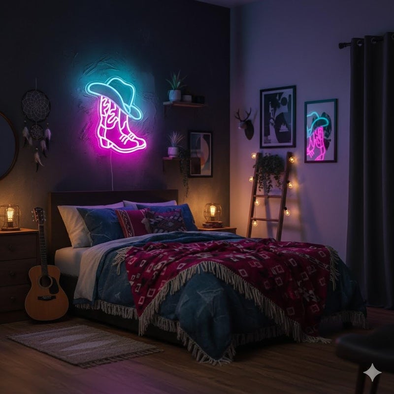Manimo Cowboy Boot and Hat LED Neon Sign,Western Country Wall Decor for Bar, Man Cave, Garage,Pink White Aesthetic Rodeo Neon Light, Unique Christmas Birthday Gifts(13x15 in) - Image 2